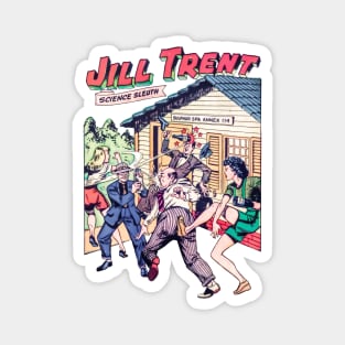 REVISTANGO #81 - Jill Trent and the Sulphur Spa Showdown with Flying Gadgets Fists and Fearless Science Sleuth Action Captured in Dynamic 1950s Comic Book Illustration Vintage Magnet