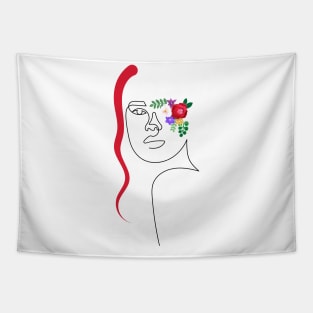 Flowers Lady with Red Hair | One Line Drawing | One Line Art | Minimal | Minimalist Tapestry