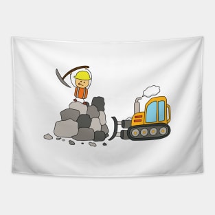 kids drawing of Construction worker hitting and mining with pickaxe with bulldozer pushing rocks and dirt Tapestry