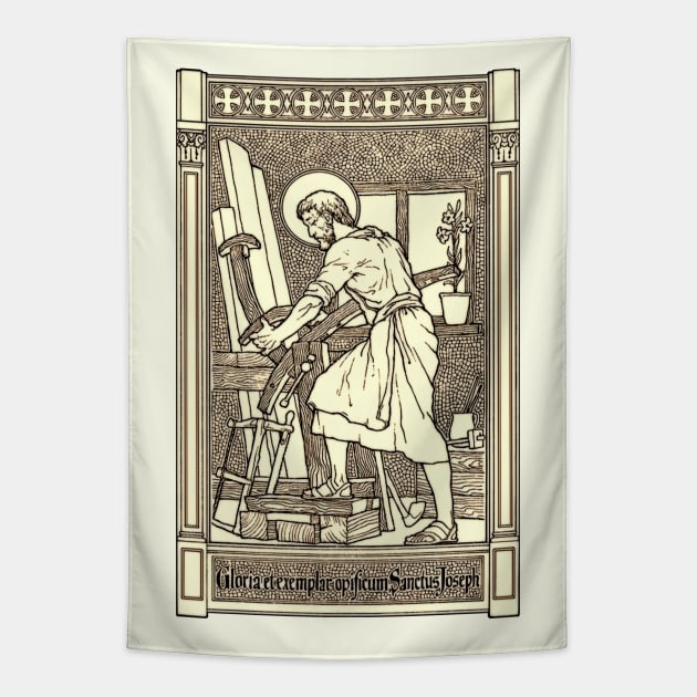 Saint Joseph the Worker Woodblock Print Tapestry by Catholicamtees