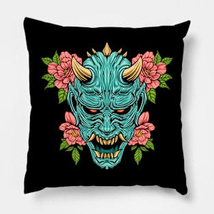 oni mask red green flower leaf skull Pillow