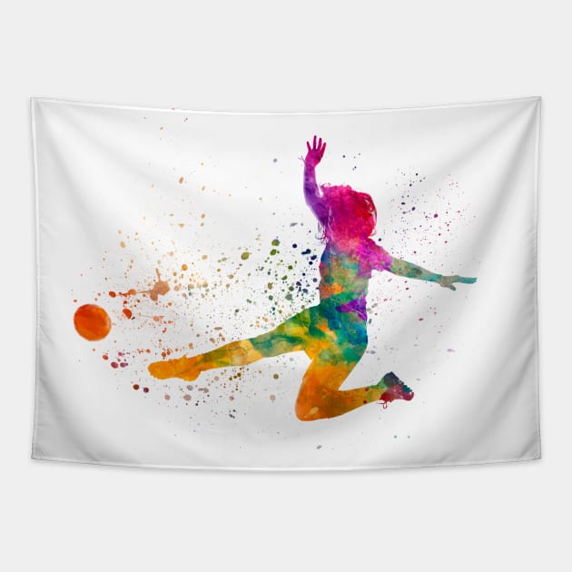 Woman footballer in watercolor Tapestry by PaulrommerArt