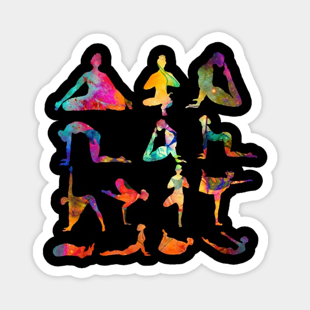 Yoga Poses with Cosmic Pattern, Zen Meditation Magnet by logiamerch