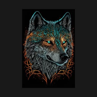 Mean Wolf portrait with teal and orange glow T-Shirt