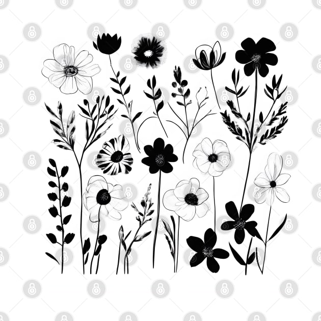 Black and white flowers minimal handdrawn by craftydesigns