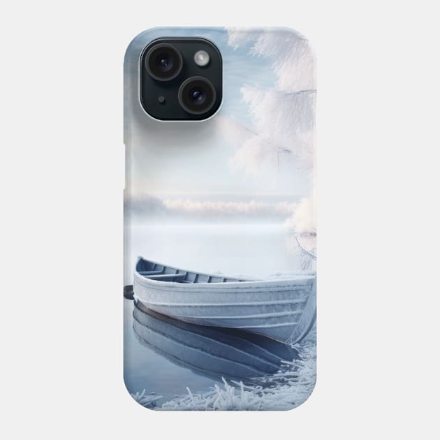 Lake Boat In Winter Serene Landscape Phone Case by Cubebox