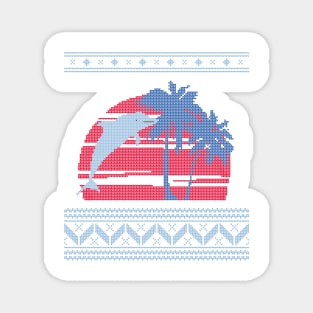 Blue, Light Blue and Red Palm Tree and Dolphin Ugly Christmas Sweater Design Magnet