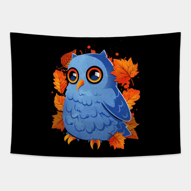 Blue Owl Orange Autumn Leaves Tapestry by Digital Magician