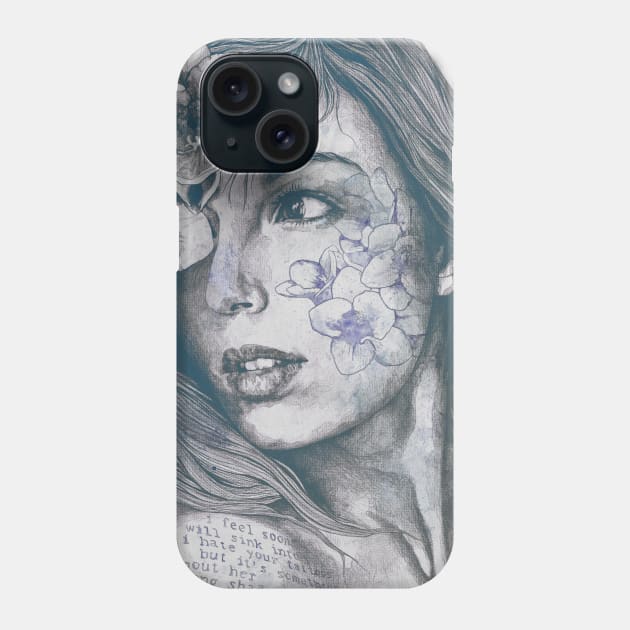 Mascara blue | woman face drawing with white flowers Phone Case by Marco Paludet Art