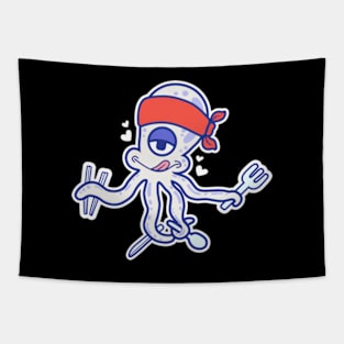 Octopus cartoon character withholding cutlery Tapestry