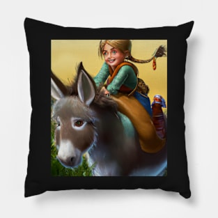 Girl with blond ponytail riding a cute donkey Pillow