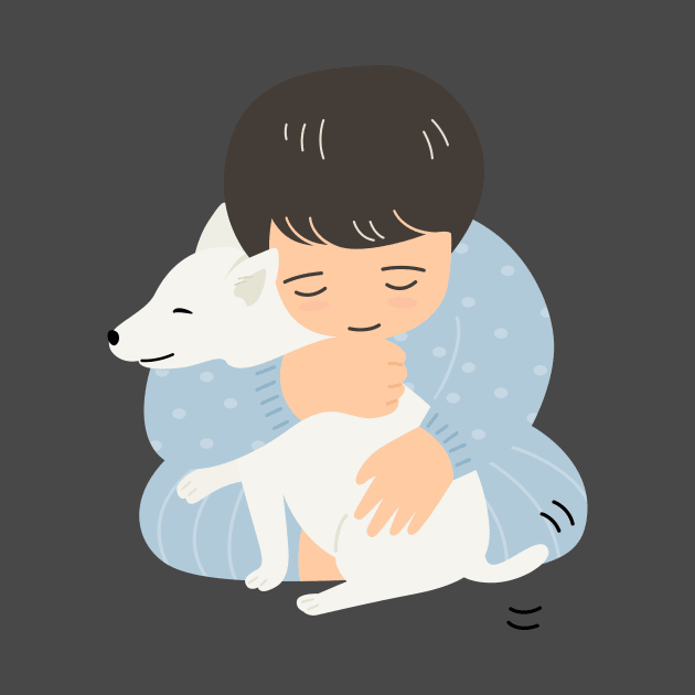 Adorable boy hugging lovely puppy cartoon kawaii style. by somethinginmyhead