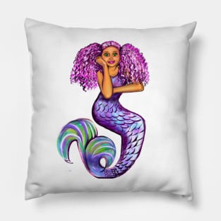 mermaid with pink hair, green eyes and caramel brown skin #002. Black mermaid Pillow