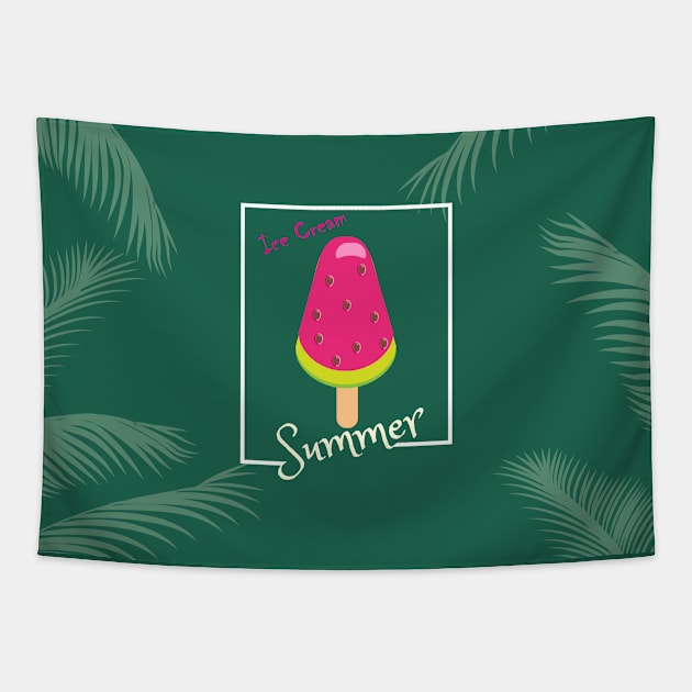 Watermelon Ice Cream Tropical Palm leaves Hello Summer Tapestry by sofiartmedia