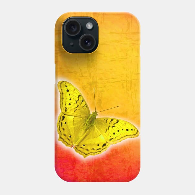 Glowing yellow butterfly on vibrant textured background Phone Case by hereswendy