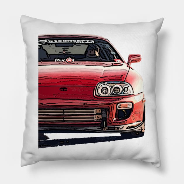 Explosive Fury: Red Supra Front Fiery Half Body Posterize Car Design Pillow by GearHead Threads