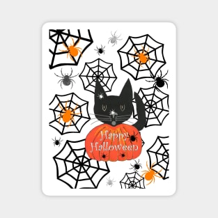 BLACK Cat Halloween With Spiders Magnet