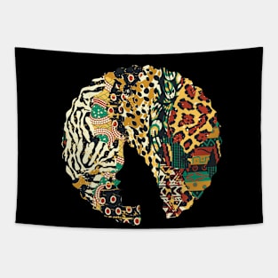 Afro Hair Woman with Animal African Pattern, Black History Tapestry