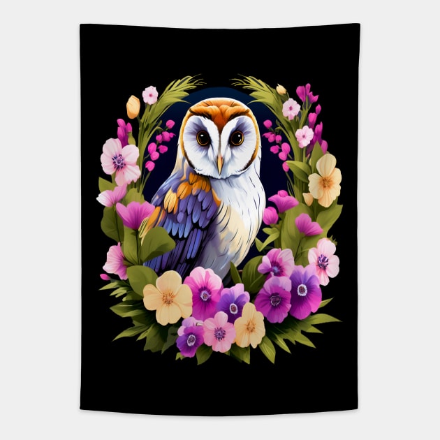 Cute European Barn Owl Surrounded by Bold Vibrant Spring Flowers Tapestry by BirdsnStuff