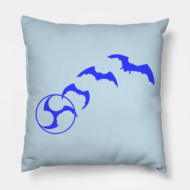 Bat Mitsudomoe dark blue Pillow by Austin Taiko