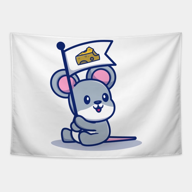 Cute Rat Mouse Hold Cheese Flag Tapestry by Catalyst Labs