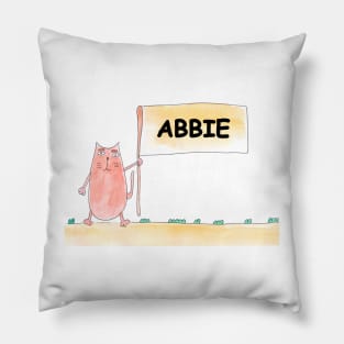 ABBIE name. Personalized gift for birthday your friend. Cat character holding a banner Pillow