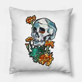 Skull with Marigold Flowers Pillow