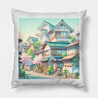 Japanese Residential Street Illustration Pillow