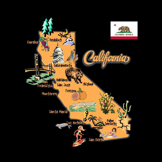 Illustrated map of California, attractions, landmarks, the major cities, USA by Mashmosh