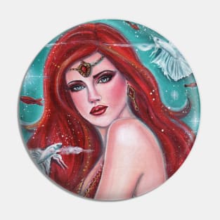 Ruby red mermaid with betta fish art by Renee Lavoie Pin