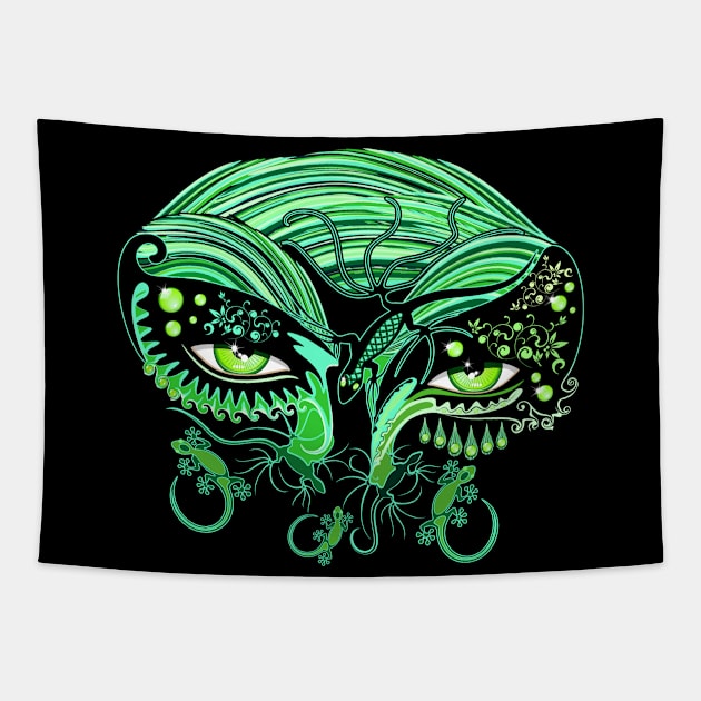 Gecko Lizard Reptile Woman Green Eyes Tattoo Style Tapestry by BluedarkArt