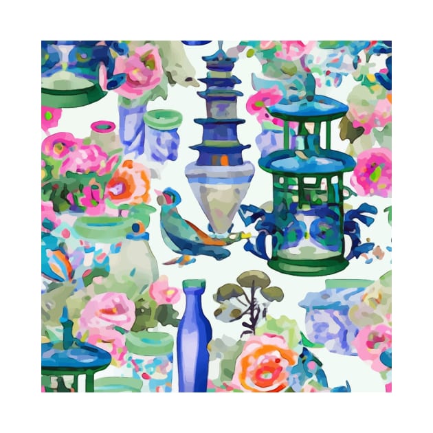 Pagodas and flowers chinoiserie still life by SophieClimaArt