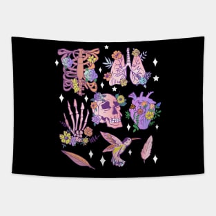 Pastel Goth Floral Morbid Anatomy Witchy Heart, Lungs, Ribcage Tapestry