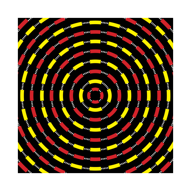 Circular Bullseye Pattern no.1 Black with Alternating Red and Yellow Dashes and White Dashed Lines by Neil Feigeles