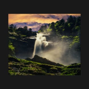 Waterfall In middle of trees during sunset T-Shirt