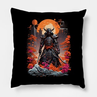 Dark Samurai Warrior Against Futuristic Cityscape Design Pillow