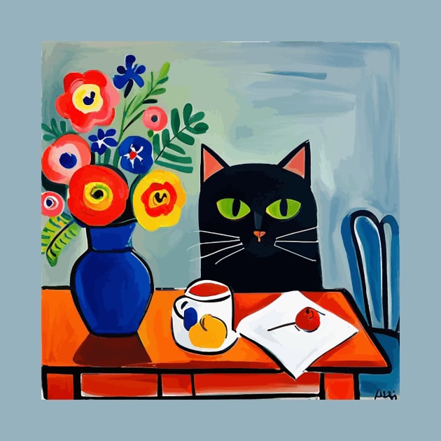 Black Cat with Flowers in a Blue Vase Still Life Painting by bragova