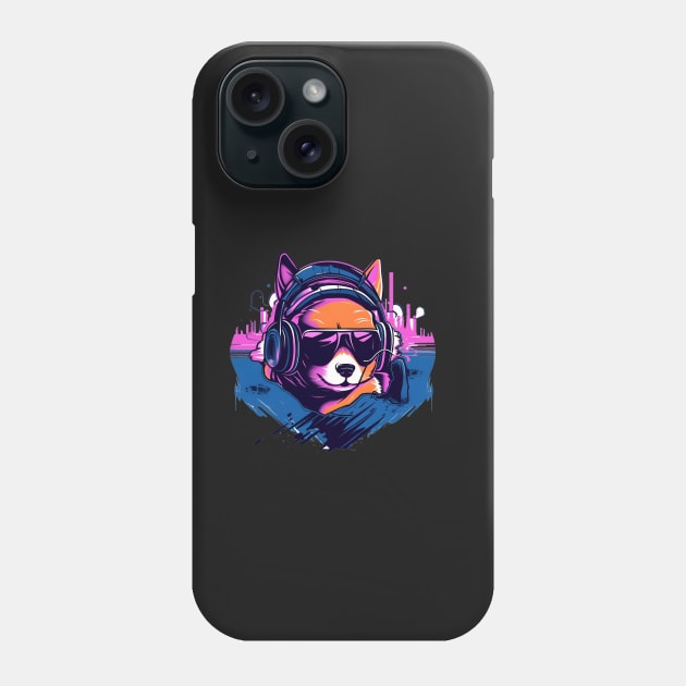 Shiba Inu wears headphones - synth wave style Phone Case by ro83land