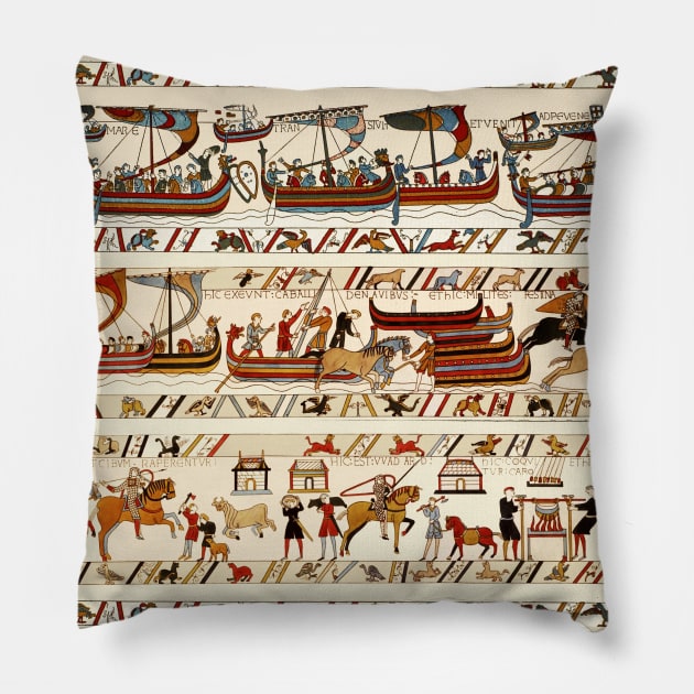 BAYEUX TAPESTRY ,BATTLE OF HASTINGS ,NORMAN KNIGHTS HORSEBACK AND VIKING SHIPS Pillow by BulganLumini