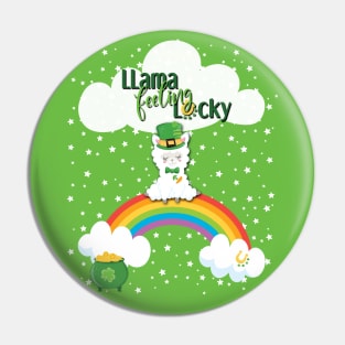 St. Patrick's Day Llama Feeling Lucky , Rainbow, Clouds & Stars on Green Pin