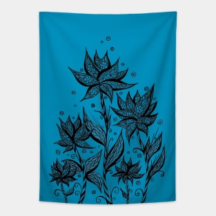 Abstract Flowers Lineart Blue Tapestry