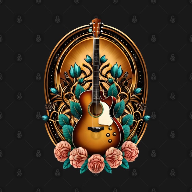 Electroacustic guitar tattoo style with flowers 16 by Dandeliontattoo