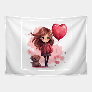 Cute girl and puppy with valentines balloon Tapestry