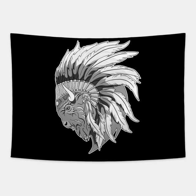 Buffalo head with indian headdress Tapestry by TMBTM