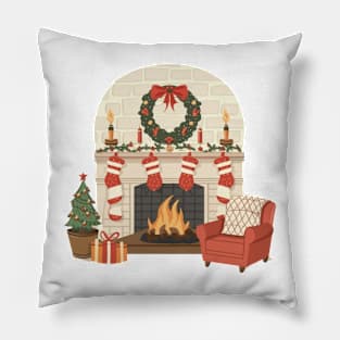 Cozy Fireside Christmas,Christmas, fireplace, cozy, warm, stockings, holiday, decorations, festive, home, comfort Pillow