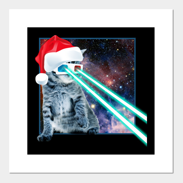 Laser Eye Cat In Santa Hat And 3d Glasses In Space Laser Eyes