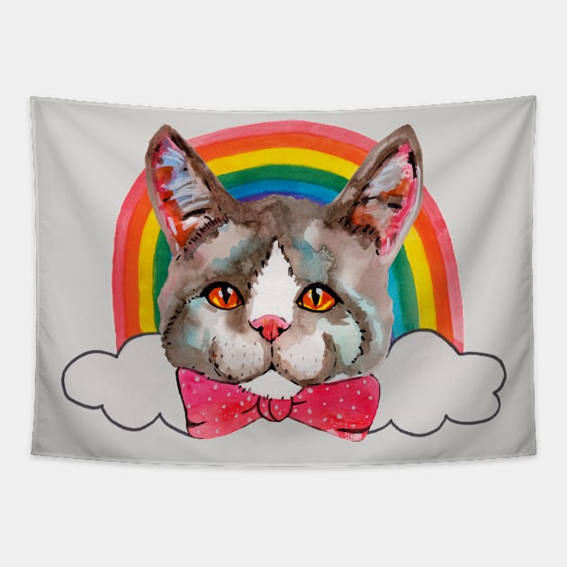 Cat in bow tie with rainbow Tapestry by deadblackpony
