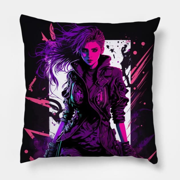 Cyberpunk Girl On Colorful Neon Background Pillow by Nightarcade