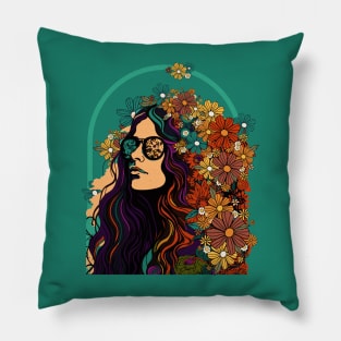 Hippie Style Girl And Colorful Flower Garden Retro Aesthetic Pillow