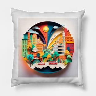 3D Effect Papercut Art - Cityscape Scene Pillow